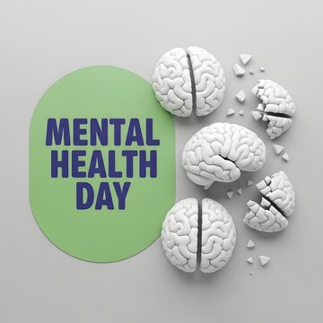Conceptual flat lay design for world mental health day featuring human brain models on grey background