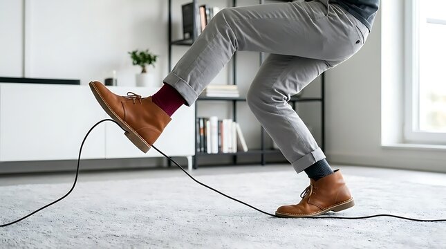 Unexpected domestic hazard person trips over an electrical cable on the floor, highlighting the importance of cable management and home safety awareness