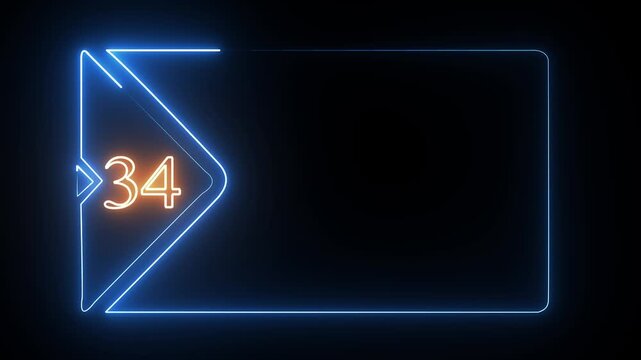 Glowing blue neon frame with number thirty four inside a triangular shape on dark black background
