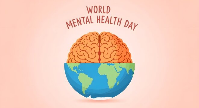 Conceptual illustration of a human brain combined with a globe for world mental health day awareness