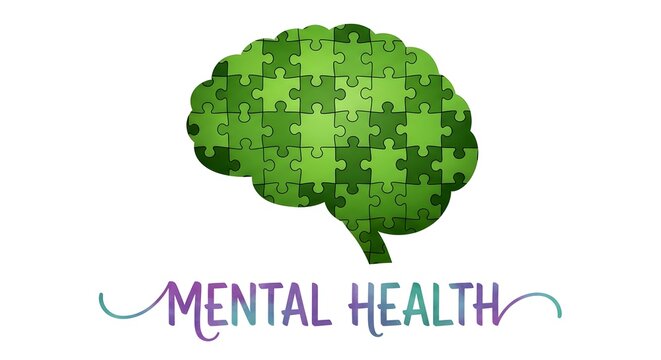Green brain illustration with text for world mental health day awareness campaign on white background