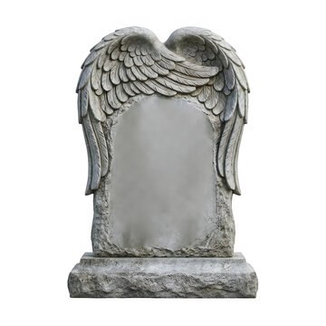 Stone headstone with angel wings, blank granite tombstone memorial, weathered grey marble cemetery monument for funeral and bereavement isolated PNG with Transparent Background