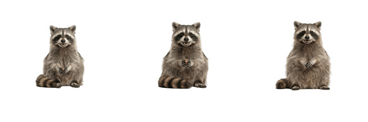 Set of three cute raccoons sitting isolated on transparent background, ideal for wildlife conservation designs, educational materials, zoo branding, children book illustrations, and adorable animal gr © Ganesha