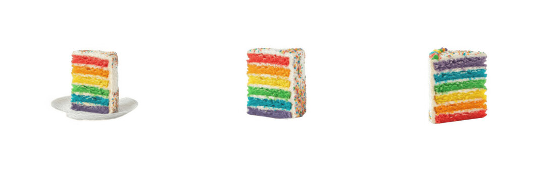 Set of three colorful rainbow cake slices isolated on transparent background, ideal for birthday party designs, bakery menus, dessert packaging, pride celebrations, sweet confection graphics, and fest