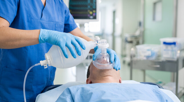 Emergency medical service specialist using manual resuscitator bag to help patient breathe in hospital clinic room.