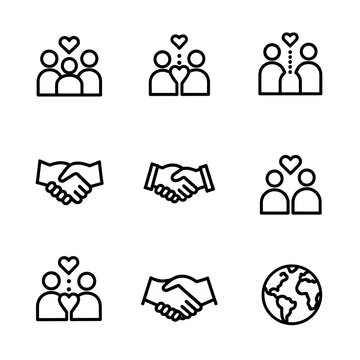 Simple line icons symbolizing relationships connection community love togetherness family friends and global integration.