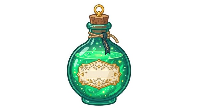 A magical green potion bottle with a cork stopper and vintage label isolated on white background perfect for your creative halloween design projects