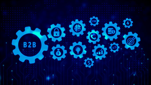 Digital of interconnected blue gears with representing business concepts like B2 B, security, money, ideas, communication, growth, and targets on a dark blue circuit board background. Keywords