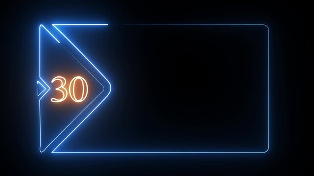 Glowing blue neon frame with the number thirty inside a triangle on a dark black background