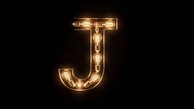 Capital letter J serif typography from incandescent bulbs with warm golden glow. Elegant retro marquee sign for cinematic advertising and theater.
