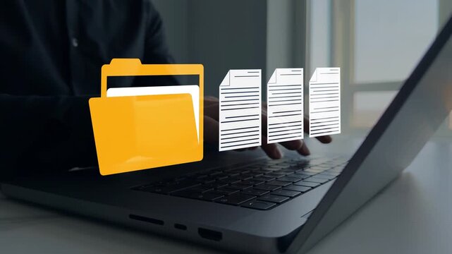 Digital file management dashboard with folders, document archive and cloud storage. Modern DMS solution for business organization, secure information management and efficient workflow.