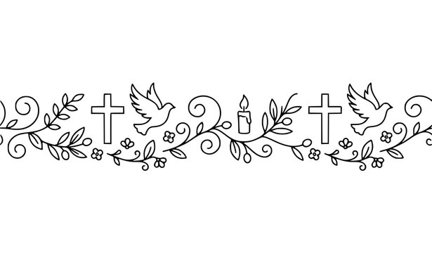 Christian Doodle Seamless Border with Cross, Dove, Candle and Floral Vine Ornament for Easter Design