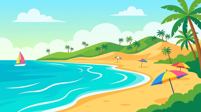 Colorful cartoon tropical beach scene with golden sand, palm trees, blue ocean, and beach umbrellas.