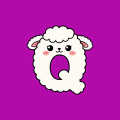 Naklejka premium Cute sheep character shaped like letter Q on purple background vector design illustration