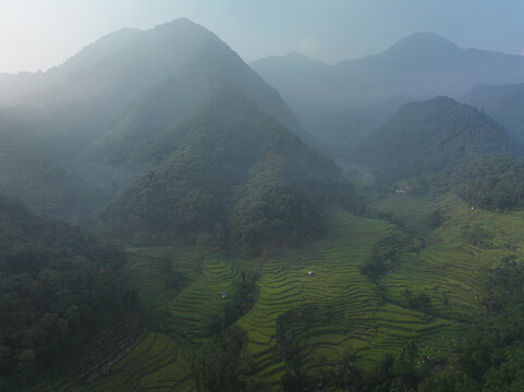 Aerial view of Cisalada Rice Terrace featuring lush green terraced rice fields nestled among misty mountains in the tropical landscape of Pamijahan, West Java, Indonesia.