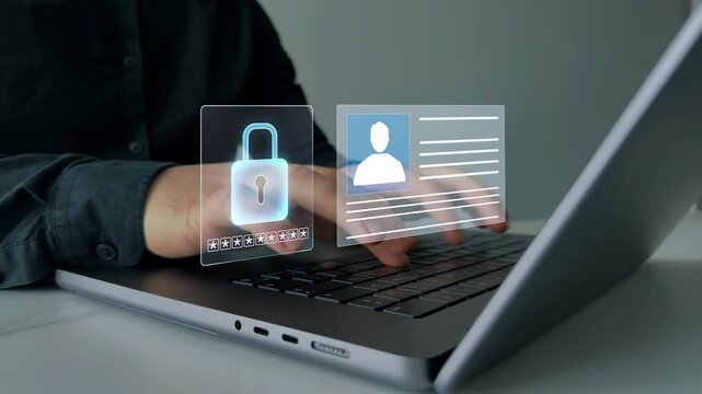Business professional accessing protected employee information through secure document management system. Enterprise cybersecurity, privacy protection, encrypted records and digital security workflow.