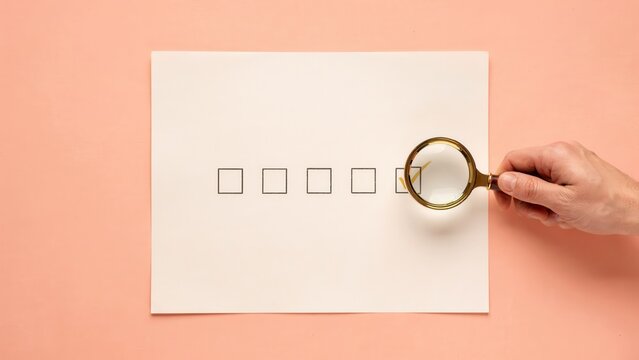 Hand holding magnifying glass inspecting checklist box on paper for customer feedback and survey concept