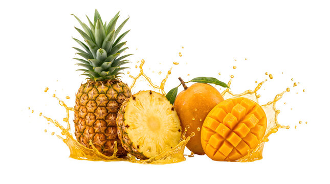 Fresh ripe pineapple and yellow mango fruits with juice splash isolated on transparent background png for tropical drink packaging design.