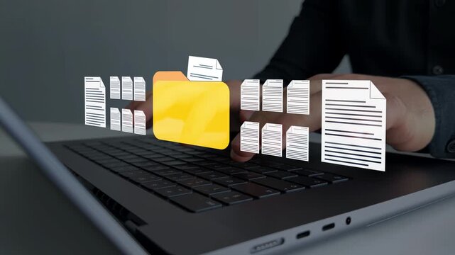 Digital document management system with virtual folders, file organization and electronic archive interface for business workflow automation and corporate data storage.	
