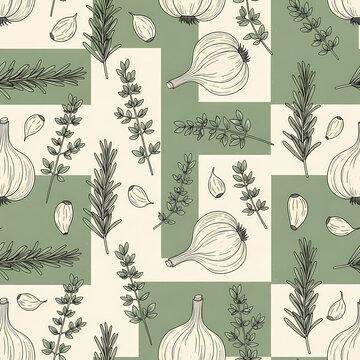Seamless pattern with hand drawn garlic bulbs and aromatic herbs on a checkered background.