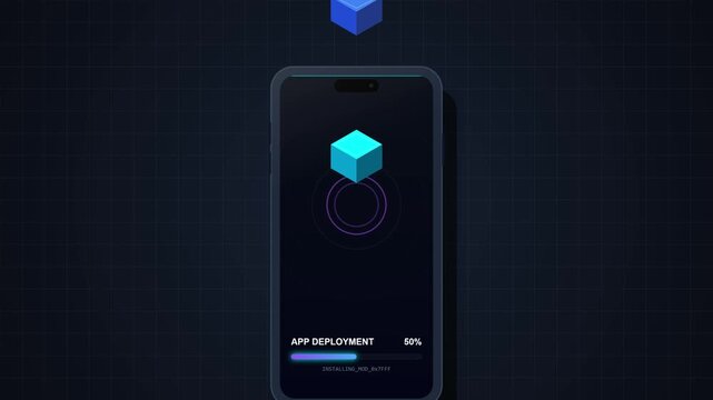 Modern smartphone displaying an app deployment progress bar with isometric cube graphics.
