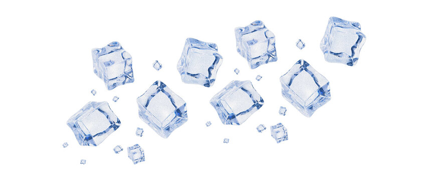 Scattered clear ice cubes isolated on a black background