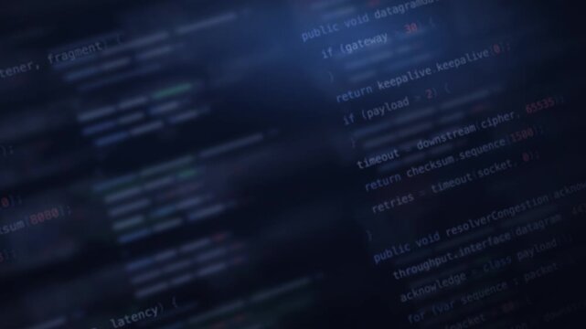 Blurred indigo network code background with glowing text elements, featuring soft focus on various programming snippets in shades of blue and green, creating a dynamic and tech-savvy atmosphere.
