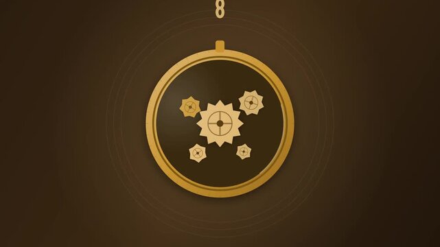 Golden steampunk gears rotating in a decorative circular frame