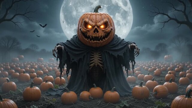 Terrifying Pumpkin Monster Scarecrow in Cloak Standing in Pumpkin Patch Patch under Full Moon at Night
