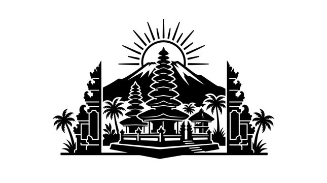 Balinese temple and volcano silhouette with rising sun
