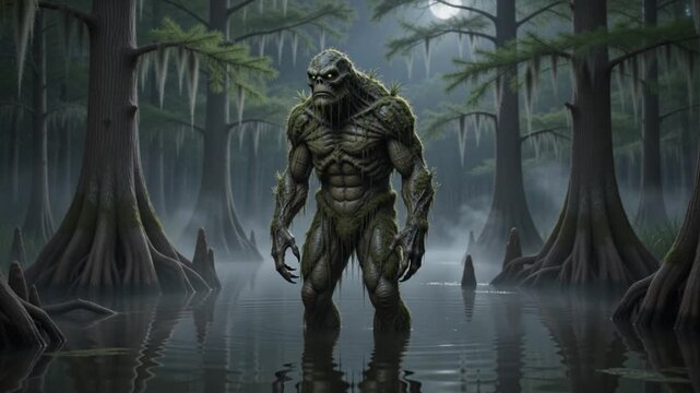 Terrifying Swamp Monster Creature Standing in Foggy Marshland Lake surrounded by Cypress Trees at Night