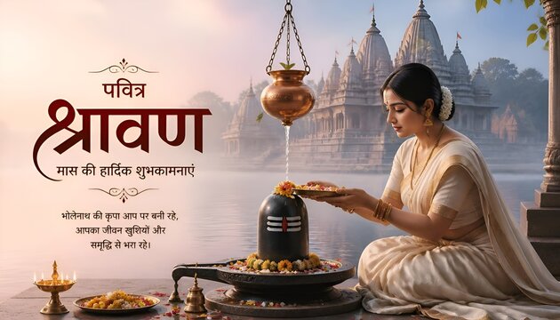 Hindu woman praying and offering flowers to shiva linga during holy shravan month