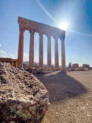 Temple of Jupiter Baalbek Roman six columns with sunburst flare © Natho