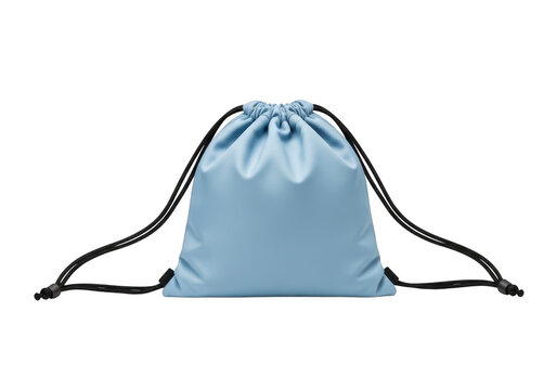 Light blue drawstring backpack bag with black cords for gym sport and casual daily travel use isolated on transparent background