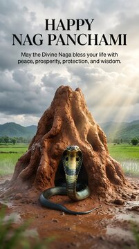 Happy nag panchami celebration greeting with divine cobra with traditional earthen anthill