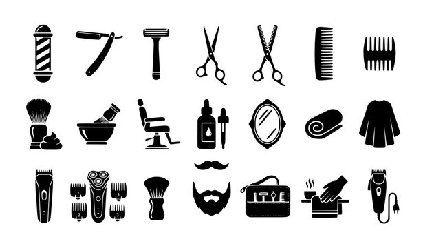 Black Barber Shaving Silhouette Icon Collection Isolated Grooming Vector Set