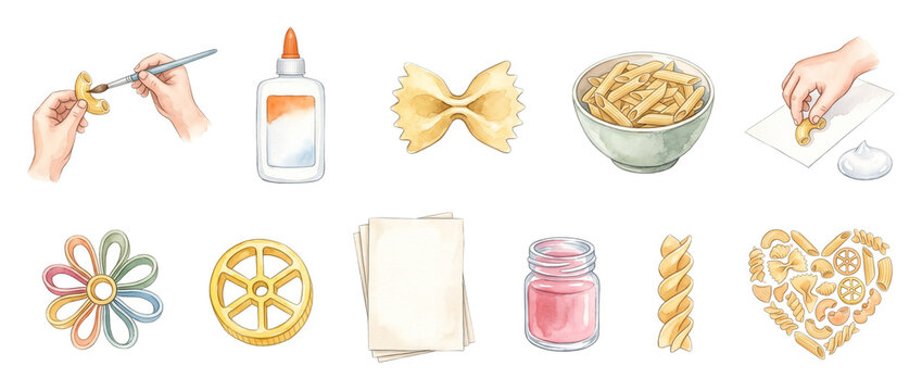Pasta craft art illustration watercolor set with hands painting gluing macaroni penne farfalle glue paint jar paper heart wheel shape isolated elements for creative DIY kids preschool project decor.