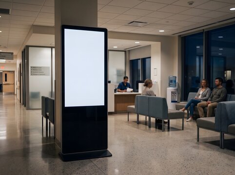 Blank vertical digital signage display screen in a modern hospital waiting room lobby.