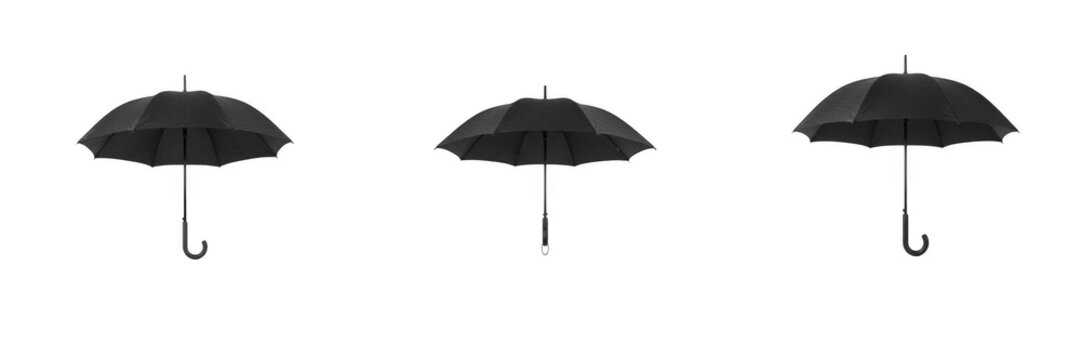 Set of open black umbrellas with classic hooked handles isolated on transparent background, detailed 3D render weather and rain protection assets