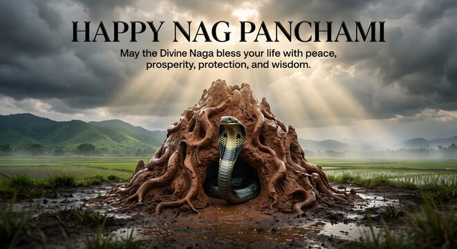 Happy nag panchami celebration with divine serpent emerging from traditional anthill