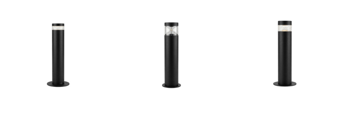 Set of modern black outdoor bollard lights isolated on transparent background, detailed 3D render landscape lighting fixtures for pathway and garden illumination, commercial architecture design elemen