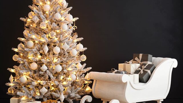 Luxury Golden Christmas Tree with Elegant White Sleigh and Wrapped Gifts Premium Holiday Background Seamless Loop Animation