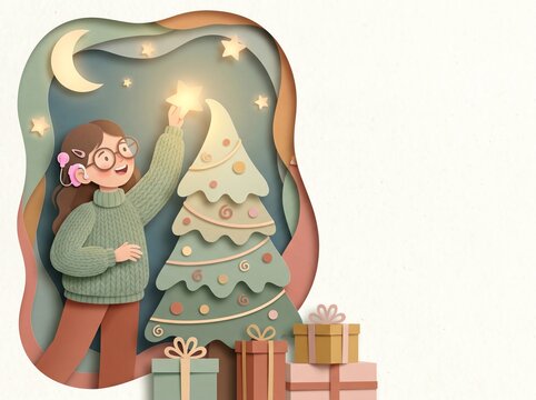 Whimsical 3D paper cut illustration of a joyful teenager girl with a hearing aid CI placing a glowing star on a Christmas tree, winter background with copy space for text