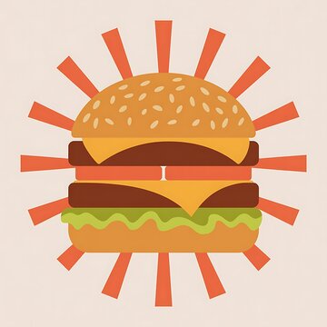 Tasty cheeseburger icon with sunburst rays