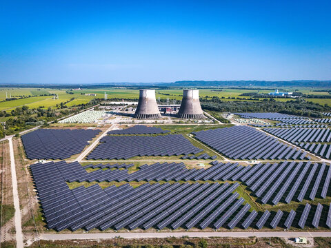 Aerial view of the solar park and cooling towers at the former Trino nuclear power plant site in Trino, Piedmont, Italy.