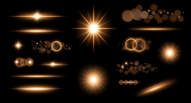 Golden spark flare light effects on black background 華やかな金の閃光とキラキラ光エフェクト