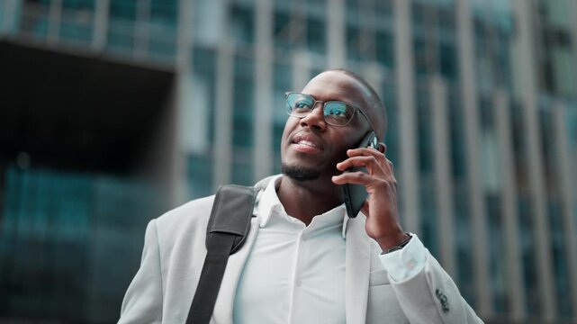 Black businessman, on phone call, talking with client, outdoor near office building. African american business man in professional communication, works as business advisor, managing accounts.