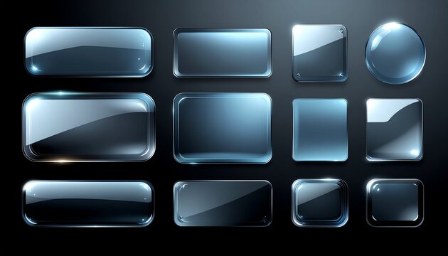 Glass transparent buttons UI set on black background 透明感のあるガラス風UIボタンセット