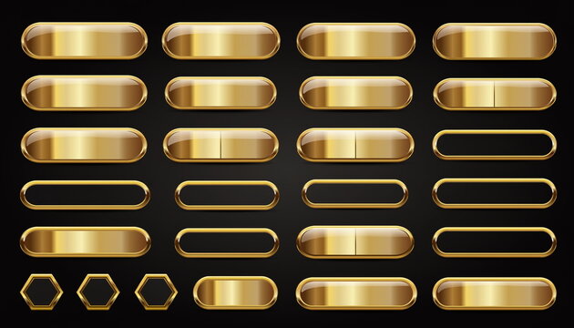 Golden rectangular button UI grid set on black background 光沢のある金色の長方形ボタンUIグリッド