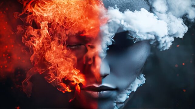 Conceptual image of a human face split between fire and ice elements.